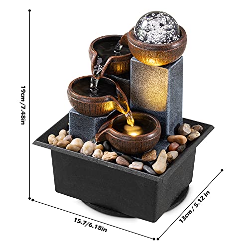 4-Tier Indoor Tabletop Water Fountain with LED Lights & River Rocks