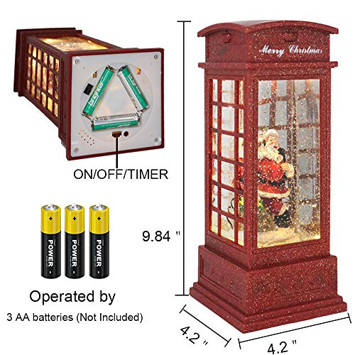 Lighted Red Phone Booth Christmas Snow Globe Lantern with Timer