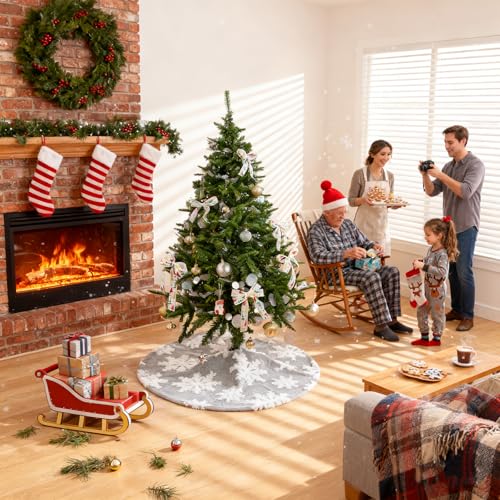 36-Inch Grey Faux Fur Christmas Tree Skirt with White Snowflakes