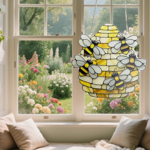 Bee Stained Glass Acrylic Panel - 20cm Window Hanging Decor