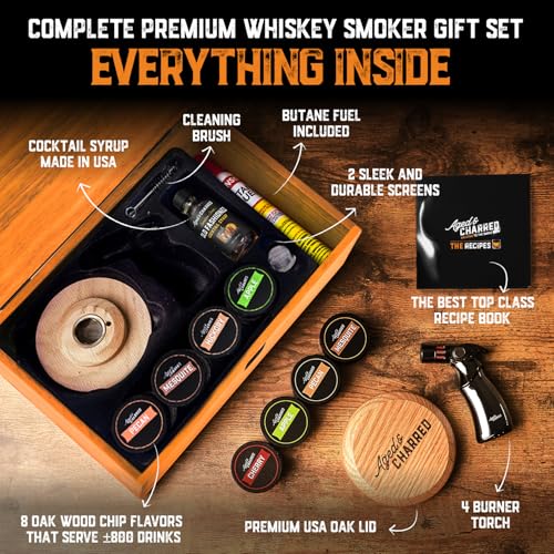 Aged & Charred Whiskey Smoker Kit with Torch & Old Fashioned Syrup - Premium Version