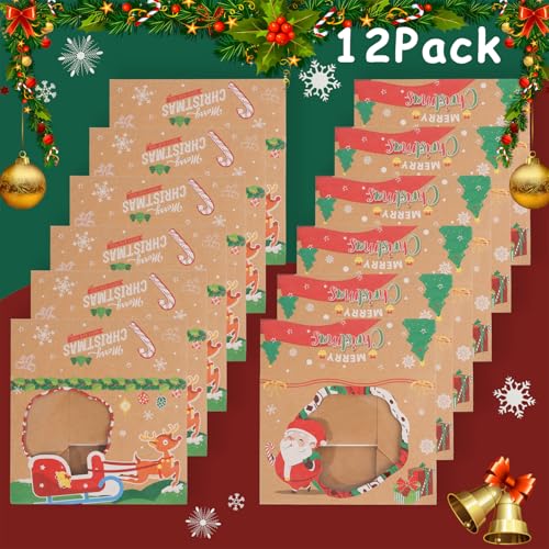 YEKTFS 12-Pack Christmas Cookie Tins with Window, 8.25x6x2.75 in Large Brown Gift Boxes with Lids - Cardboard