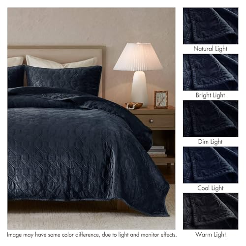 Navy King Velvet Quilt Set - Geometric Design, 3pc Bedding