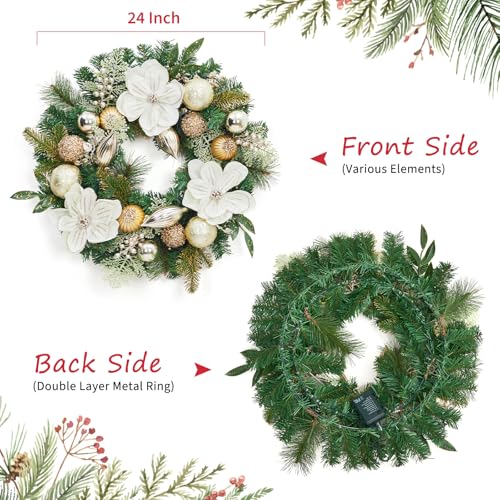 Garvee 24in White Gold Pre-Lit Christmas Wreath - 20 LED Lights, Battery Timer, Magnolia Flowers