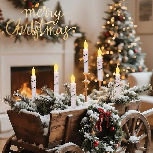Christmas Snowman Flameless Taper Candles Set - Battery Operated Holiday Decor