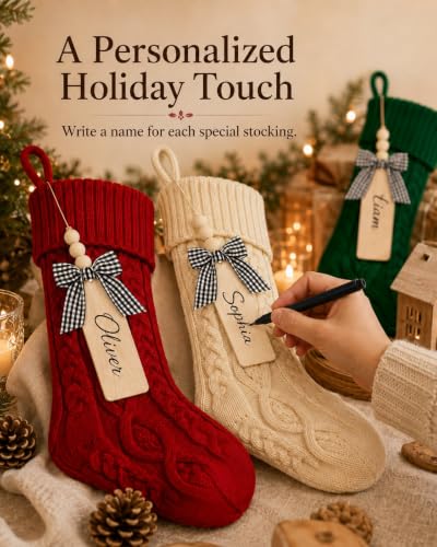 Personalized Knit Christmas Stockings with Wood Name Tags - 18 Inch Set of 4
