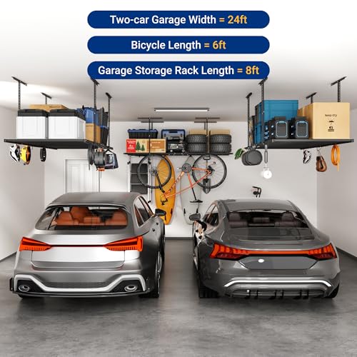 4x8 Overhead Garage Ceiling Storage Rack with 6 Hooks, 750lbs Capacity