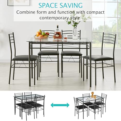 5-Piece Glass Dining Table Set for 4 with Upholstered Chairs, Black