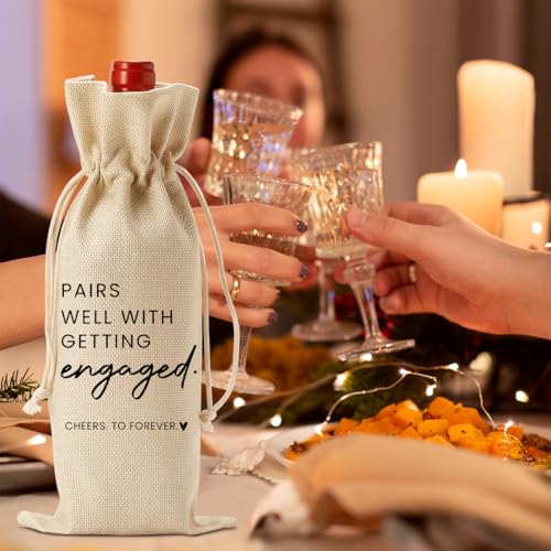 Engagement Wine Bottle Bag - Burlap Drawstring Gift Bag for Couples