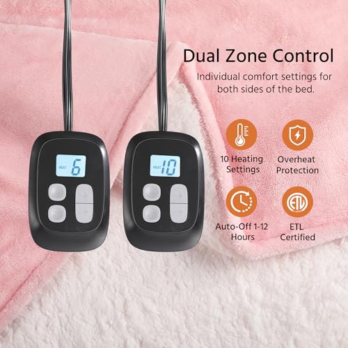 Electric Heated Blanket Queen Size - Soft Flannel, 10 Heat Settings, Dual Zone Control, Machine Washable, Light Pink