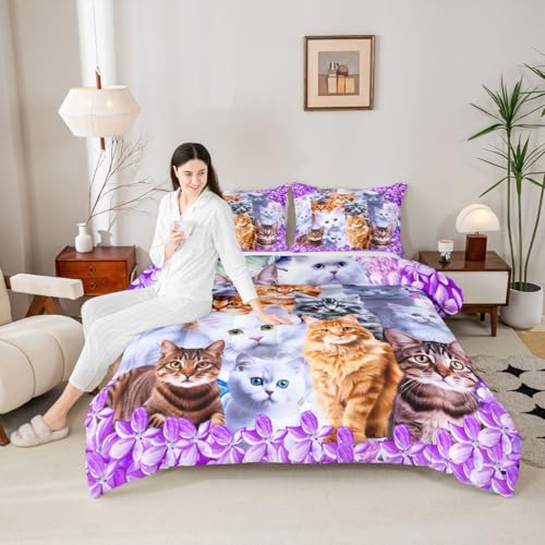 Cute Cartoon Cat Twin Comforter Set with Pillowcase - Floral Design