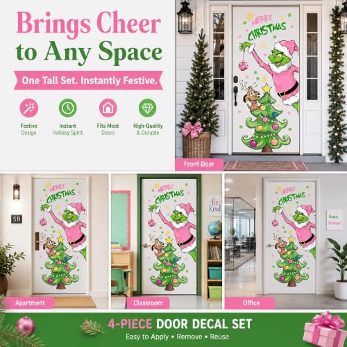 Pycat Pink Variation Christmas Window Decals Set with Green Santa & Tree - Easy Peel