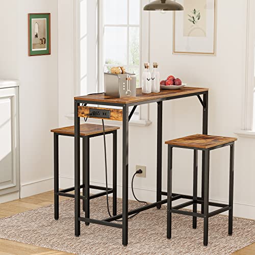 3-Piece Industrial Bar Table Set with Power Outlets and 2 Stools