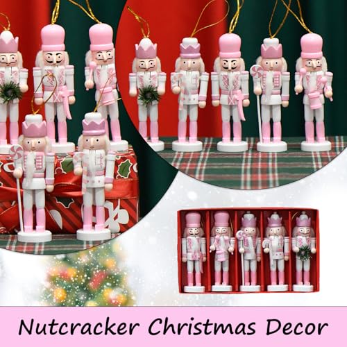 5-Piece Pink Wooden Christmas Nutcracker Ornament Set - Tree & Table Decor