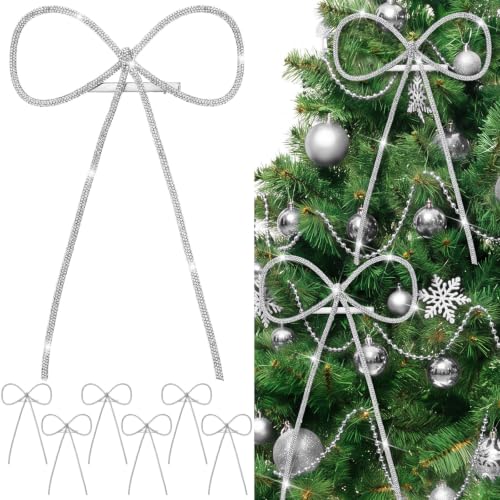 Suncalla 6 Pack 9x12 Inch Silver Glitter Rhinestone Christmas Bow Ornaments