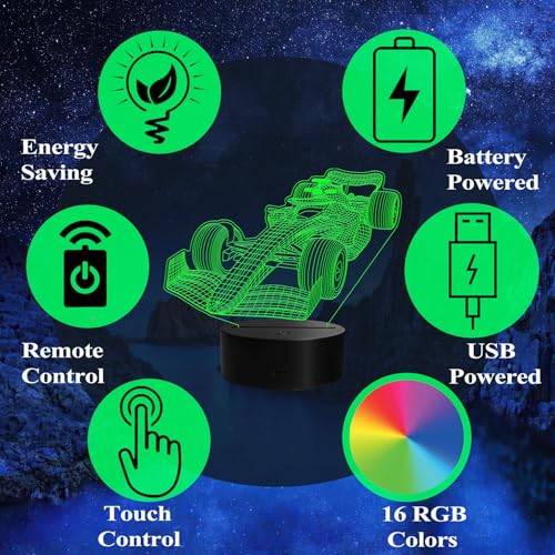 3D F1 Racing Car Night Light, LED Illusion Lamp with Remote Control