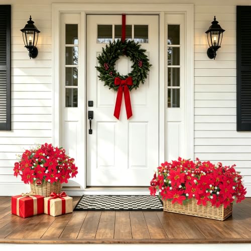 8 Pack 15.7in Red & White Poinsettia Artificial Christmas Flowers for Outdoors