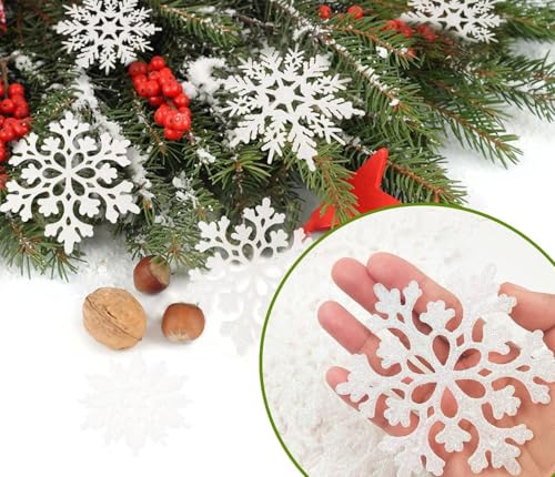 White Glitter Snowflake Christmas Tree Ornaments - 36 Pack Shatterproof Set