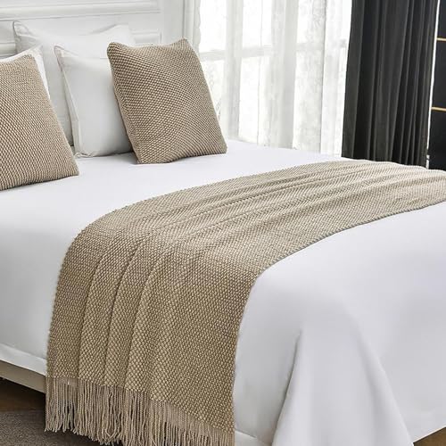 Boho Knit Bed Runner Scarf with Tassels - Soft Bed Throw Blanket