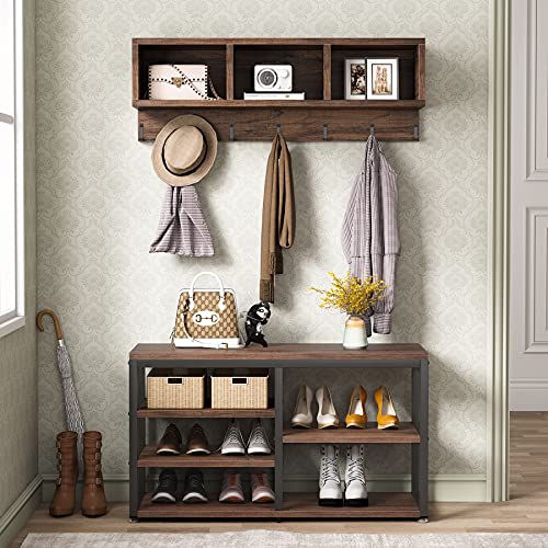 Tribesigns Rustic Brown 5-in-1 Industrial Shoe Rack Bench with Coat Hooks and Cubby Storage
