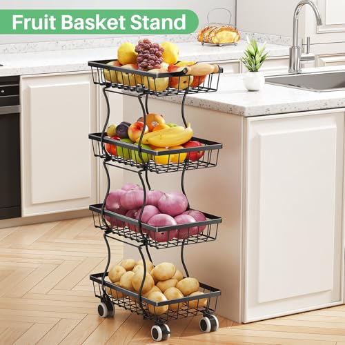 4-Tier Stackable Fruit Basket Stand, Rolling Wire Storage Cart for Kitchen