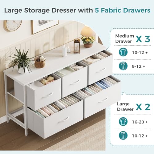 OLIXIS White 5-Drawer Dresser Chest with Wooden Top and Fabric Bins