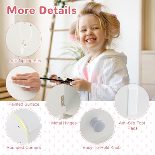 Kids Vanity Set with Lighted Mirror, Chair, and Storage - White Wooden Desk