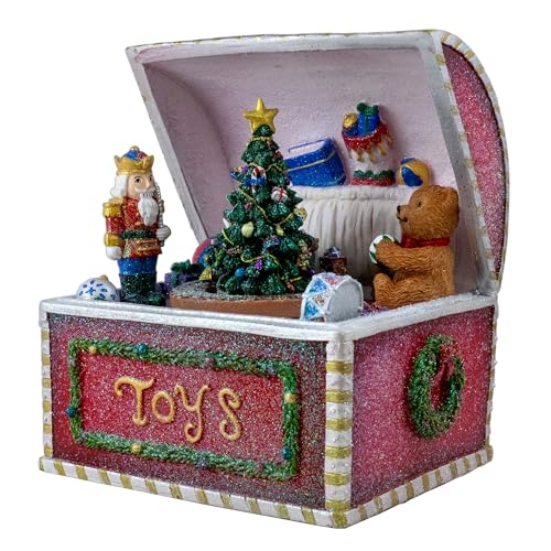 Christmas Toy Box Revolving Tree Music Box with Nutcracker & Teddy Bear