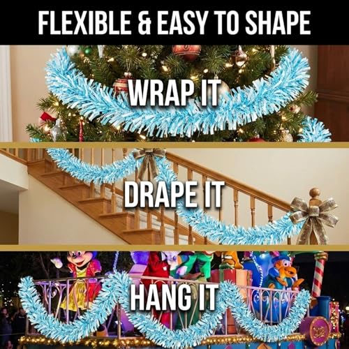 Light Blue & White Metallic Tinsel Twist Garland - 25ft Holiday Decor