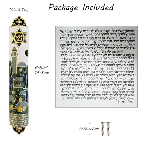 Hand-Painted Enamel Mezuzah Case with Star of David and Jerusalem Motifs
