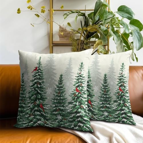 Harooni Winter Cardinal Bird Pine Tree Pillow Covers 20x20 Inch Set of 2 - Christmas Snow Forest Home Decor