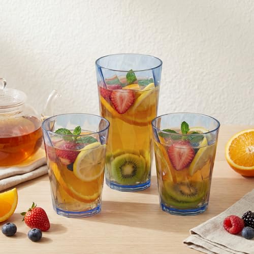 LemonRoad 12 Pack Reusable Plastic Drinking Glasses Set - Blue, 20oz & 13.5oz