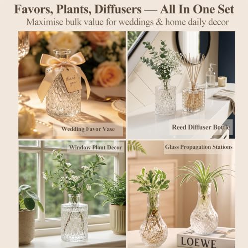 Clear Glass Bud Vase Set of 14 - Small Flower Vases for Wedding Decor