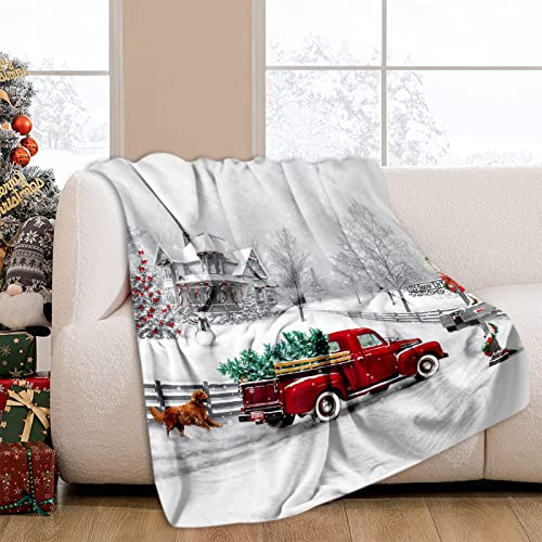 JOOCAR 40x50 Inch Christmas Throw Blanket Red Truck and Dog Fannel Plush Warm