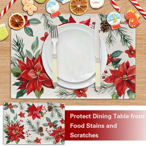 Christmas Poinsettia Placemats Set of 4 - Holiday Red Flower Table Decor