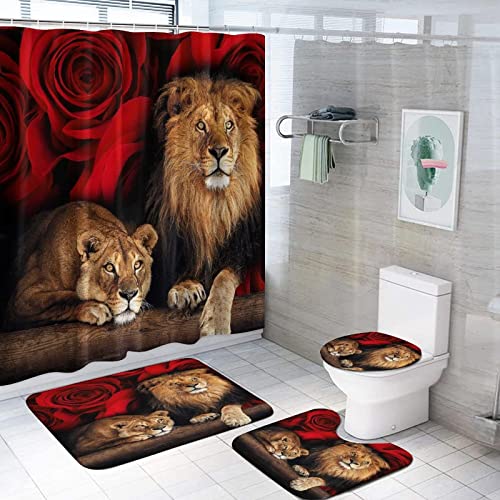 4-Piece Lion and Red Rose Shower Curtain Set with Non-Slip Bath Rugs