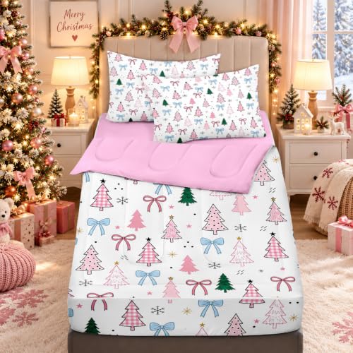 Pink Christmas Tree Twin Zipper Bedding Set - Kids All-in-One Bed Comforter & Sheets