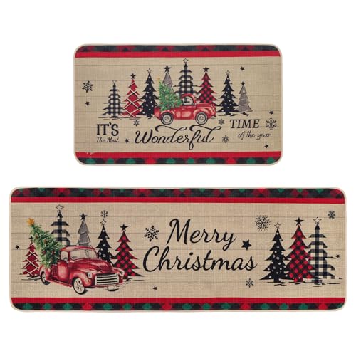 Christmas Kitchen Mats Set of 2 - Truck & Tree Runner Rugs, Brown