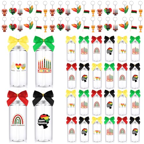 Kwanzaa Gift Set with 24 Plastic Cups, Lids, Straws, Keychains & Bows