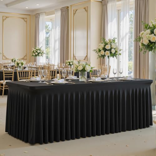 Besutolife 6 Pack Black 6ft Spandex Tablecloths for Rectangular Tables Wedding Party