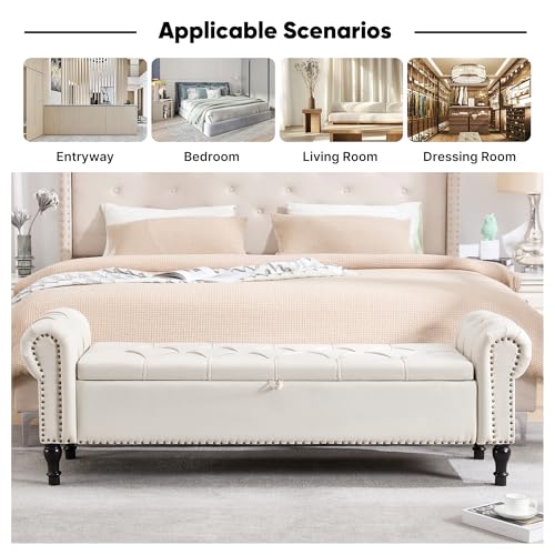 67-Inch Upholstered Storage Bench with Rolled Arms and Button Tufting