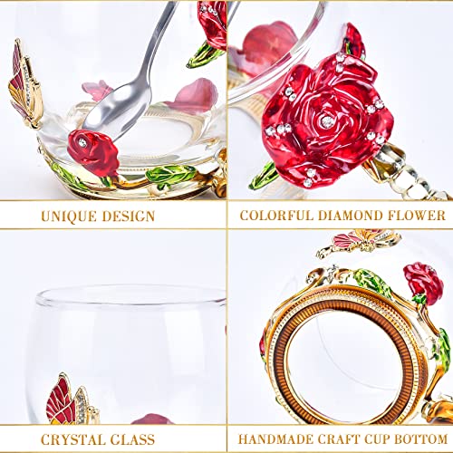3D Enamel Glass Flower Tea Mug with Matching Spoon, Heat Resistant Cup