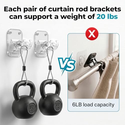 No Drill Curtain Rod Brackets - 4 Pack Adhesive Wall Hooks for Curtains