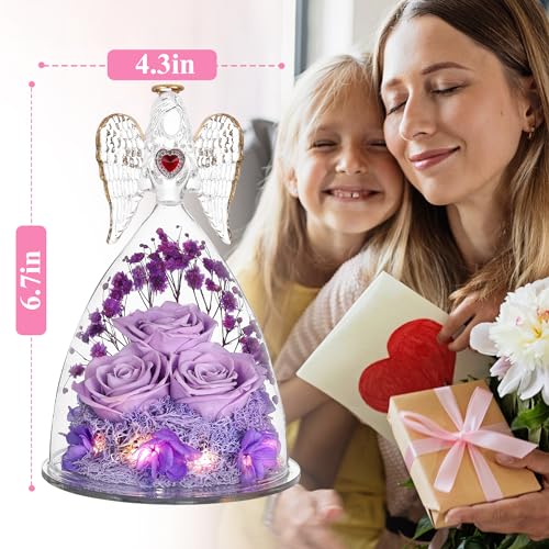 Tiaronics Light Purple Preserved Rose Angel Figurine for Mother's Day Gift - Real Forever Flower