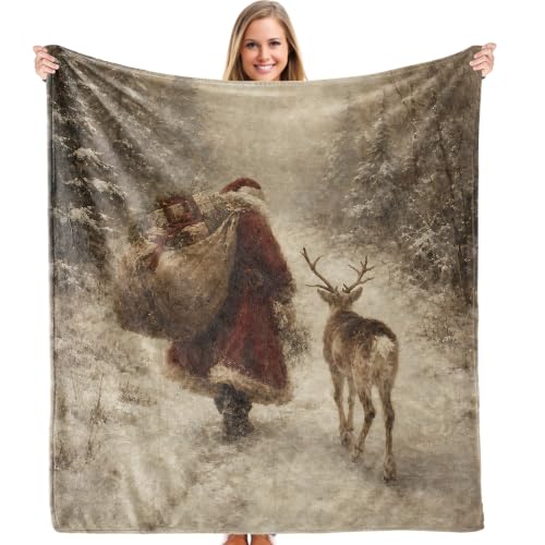 Santa Reindeer Throw Blanket 50x60 inches with Holiday Message – Rustic Christmas Decor, Santa-4 (XINCEYWJ)