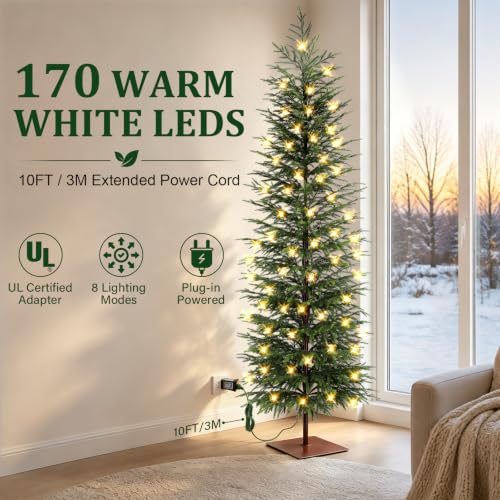 Enven 6ft Prelit Norfolk Pine Christmas Tree with 170 LED Lights, Real-Touch PE Foliage, Heavy-Duty Base, 8 Modes – Family & Pet Friendly (Variation: 6ft Prelit)