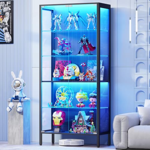 5-Tier Glass Display Cabinet with Adjustable Shelves and Motion Sensor LED