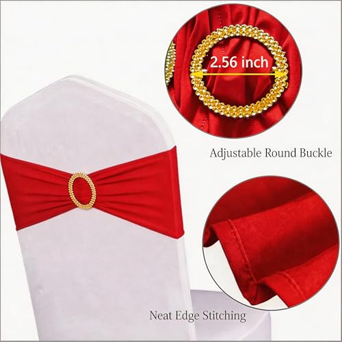 50-Pack Red Spandex Chair Sashes with Gold Buckles - Stretch Chair Bands