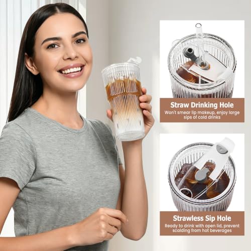 20 oz Ribbed Glass Tumblers with Lids and Straws, 4-Pack Iced Coffee Cups