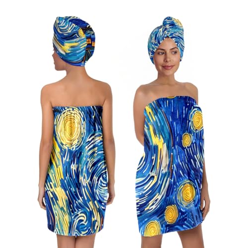 Starry Night Spa Bath Wrap Towel Set with Hair Turban (Blue & Yellow)